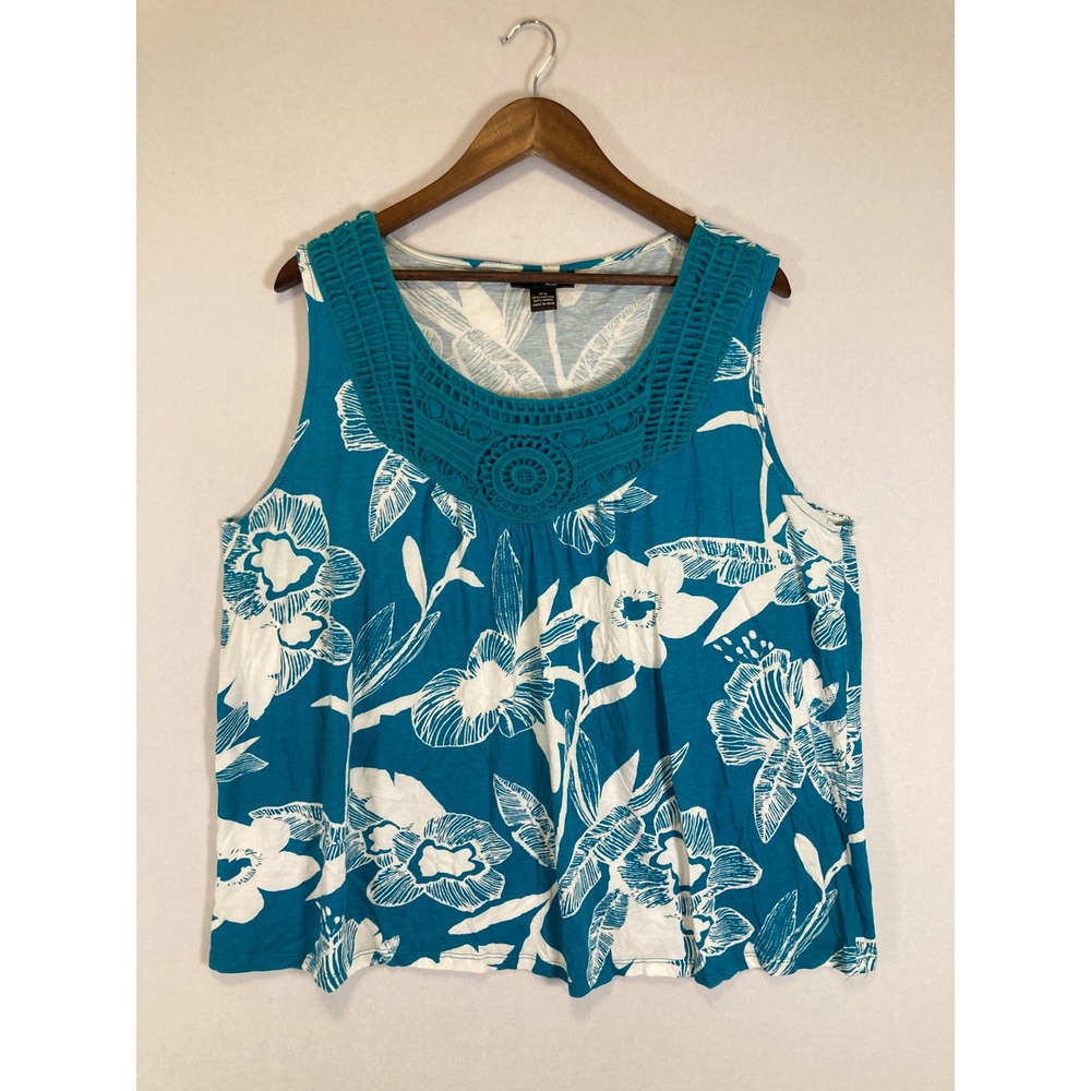 Boho Style & Co Woman 2X Teal Floral Crochet Neck Sleeveless Tank Top